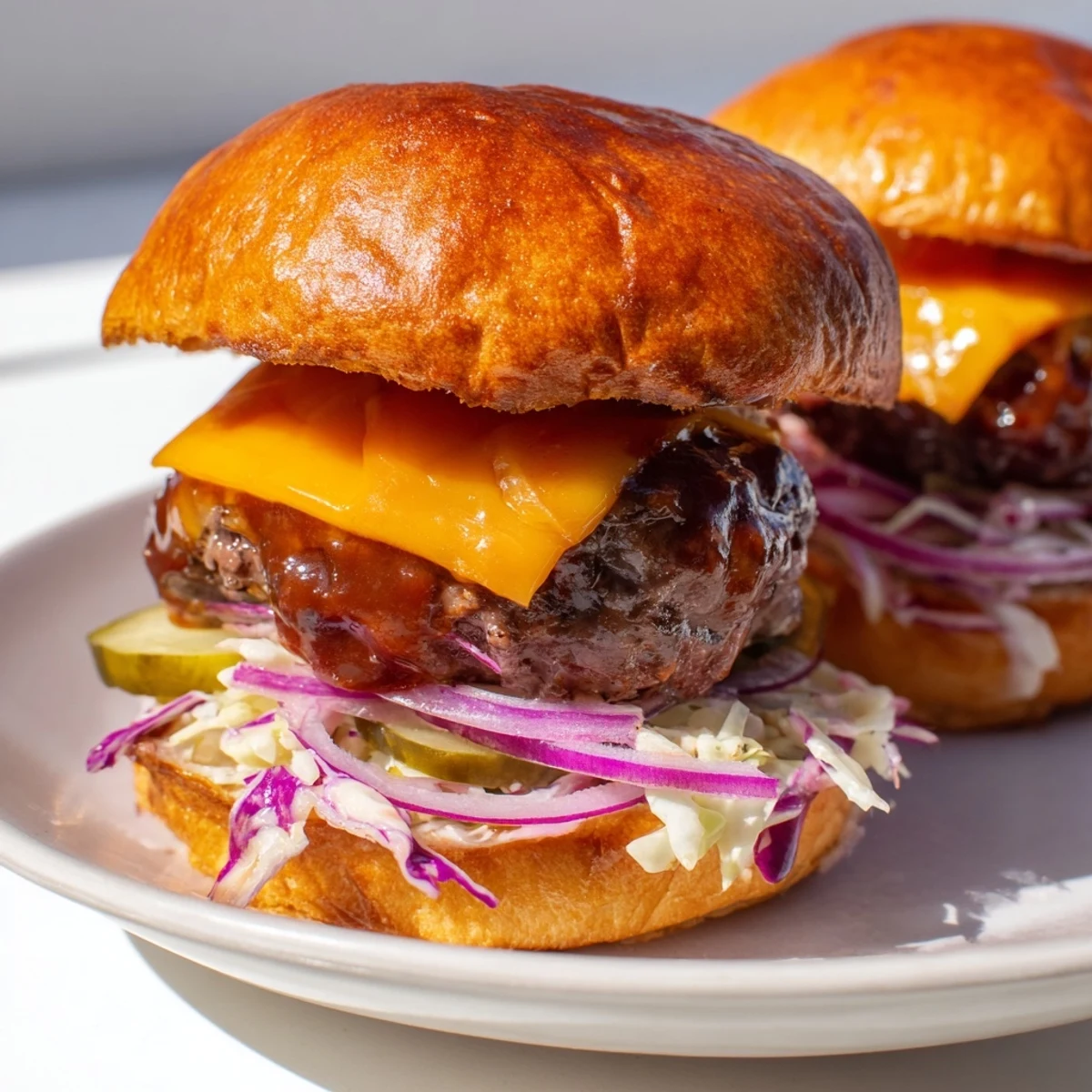 Juicy, smoky barbecue beef patties nestled inside buttery toasted brioche buns, topped with crisp coleslaw and pickles for a crowd-pleasing bite.  