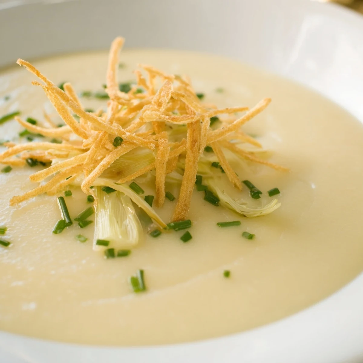 Steaming bowl of creamy Irish Potato Leek Soup topped with golden crispy leek garnish for a comforting meal.