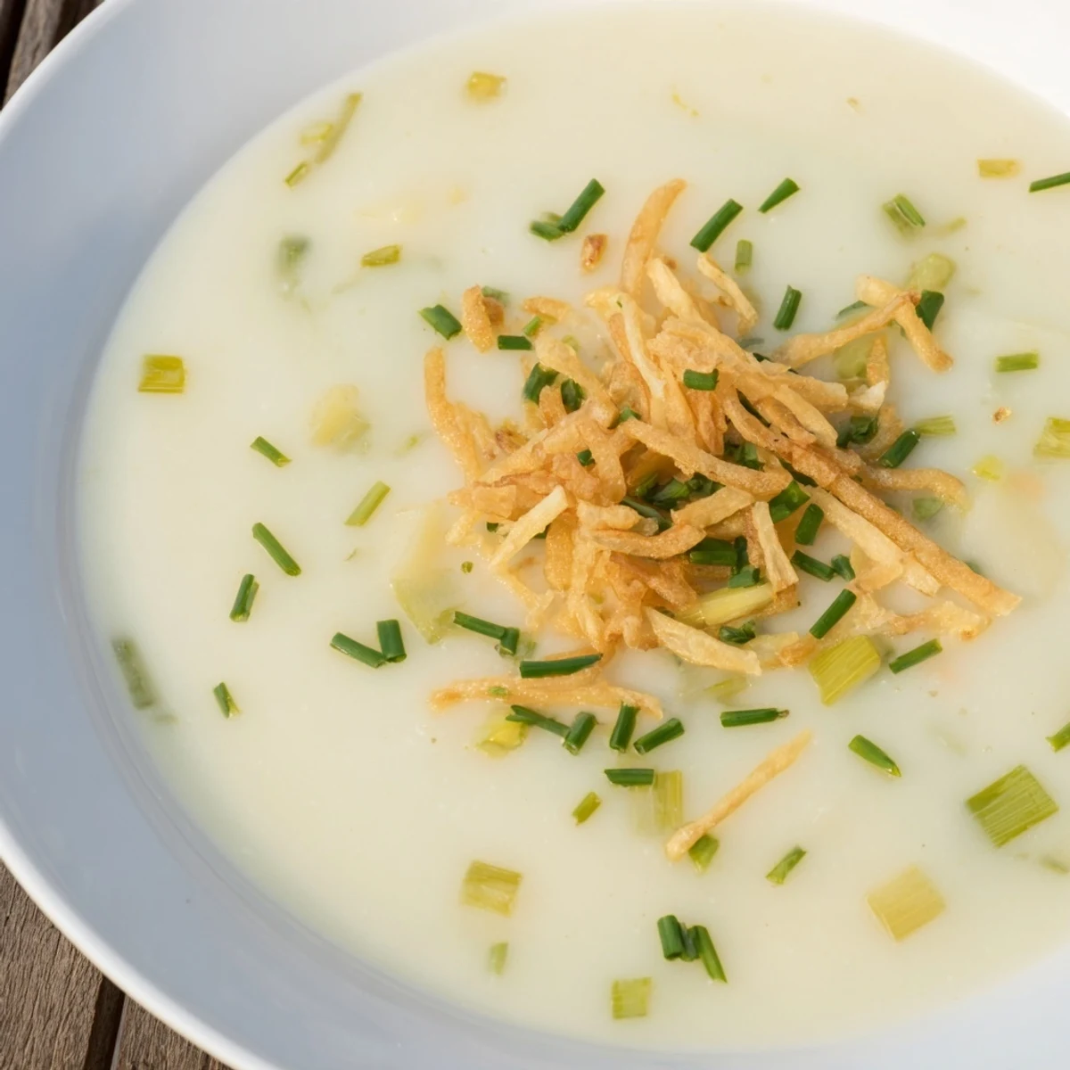 A spoon scoops into velvety Irish Potato Leek Soup beside crunchy fried leeks, served warm in rustic bowls.