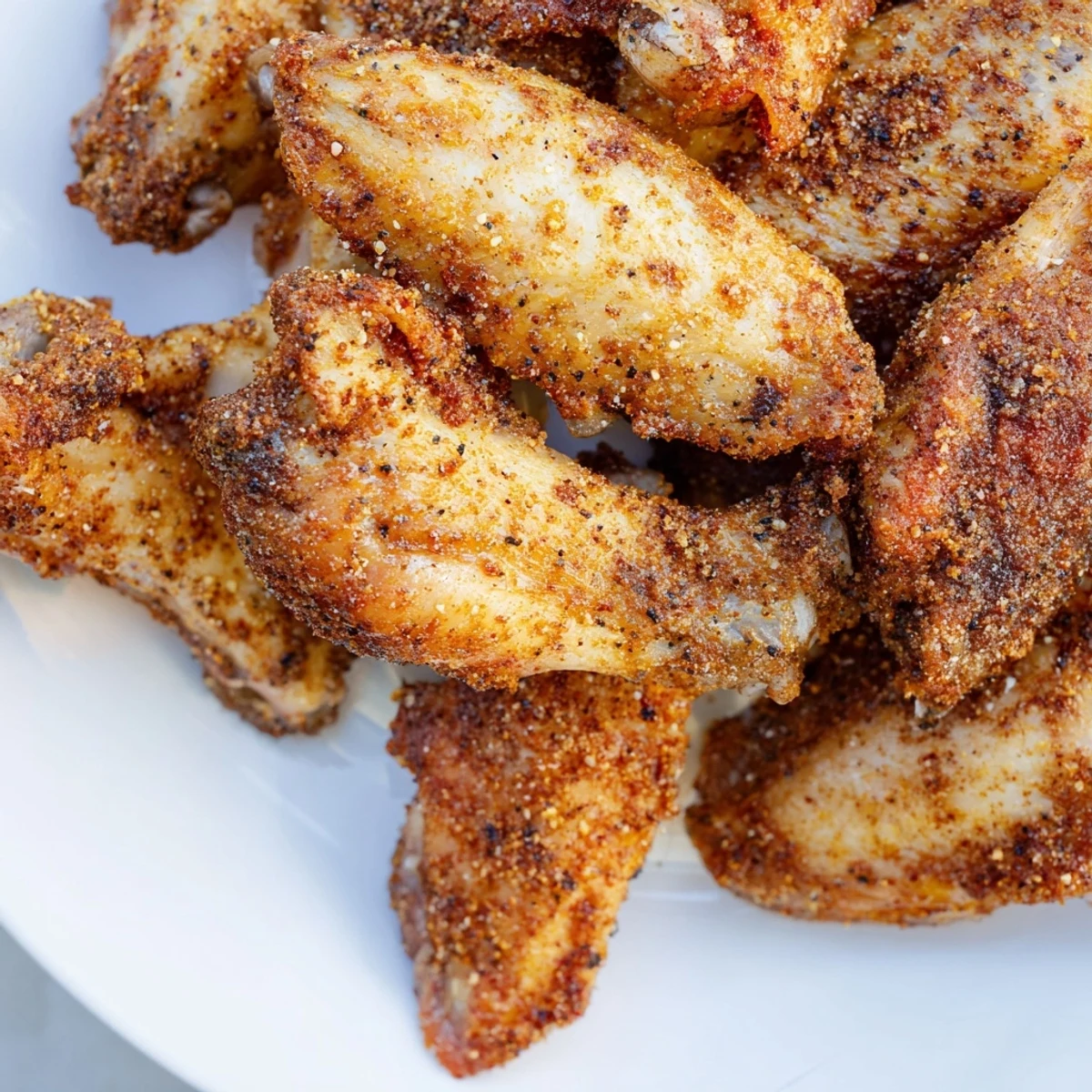 A close-up of Tailgate Crispy Air Fryer Chicken Wings, showing a perfectly seasoned, crunchy skin with a juicy interior.