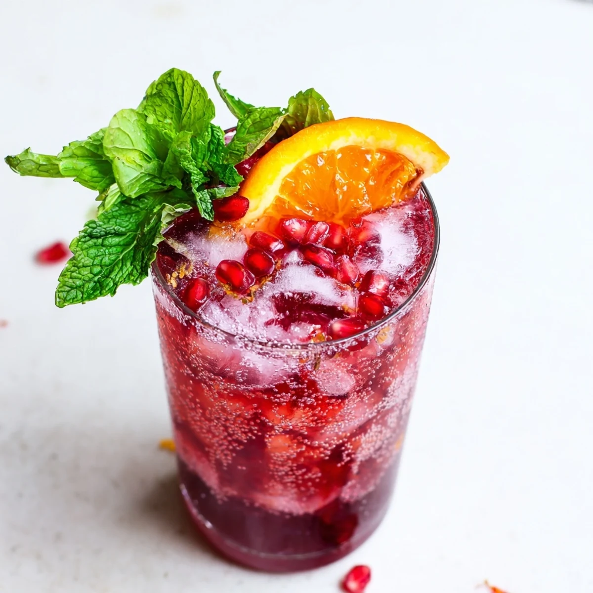 A close-up of two chilled Love Potion Pomegranate Mocktail Fizz glasses, their vibrant ruby-red hue sparkling under the condensation, garnished with fresh mint and a slice of orange.