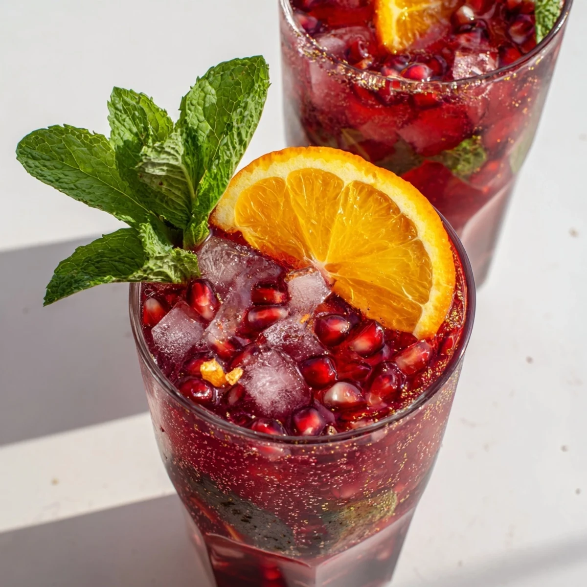 Two elegant glass tumblers filled with the refreshing Love Potion Pomegranate Mocktail Fizz, placed on a marble surface with scattered pomegranate seeds and lime wedges for a festive garnish.
