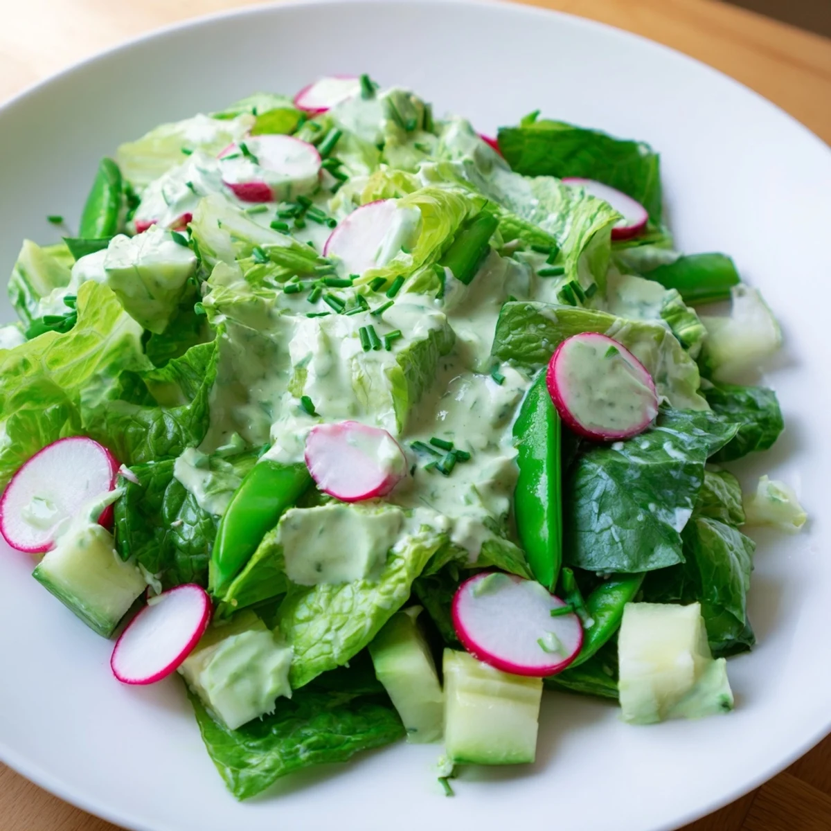 A vibrant Green Goddess Salad with Avocado Dressing showcases crisp romaine, spinach, and bright veggies tossed in a creamy, herb-filled dressing.