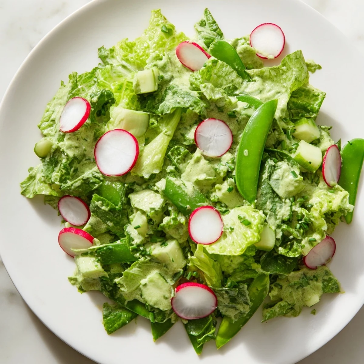Serve this Green Goddess Salad with Avocado Dressing as a light, colorful lunch or side, garnished with extra chives and parsley.