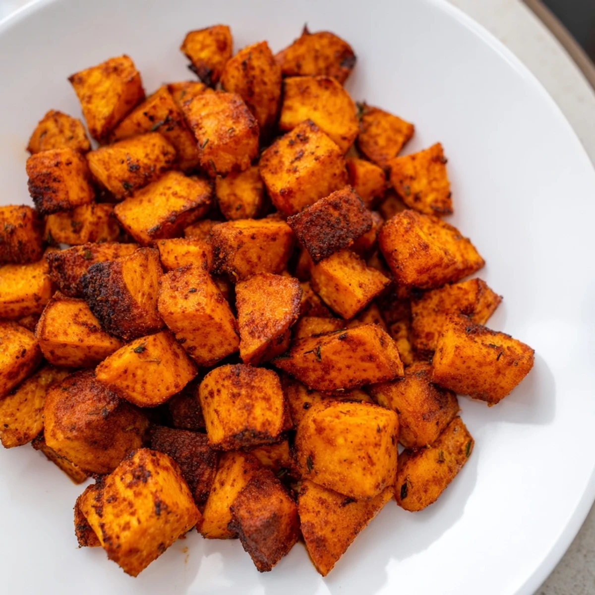 Savory Creole Spiced Roasted Sweet Potatoes served hot as a colorful vegan Southern side dish.  