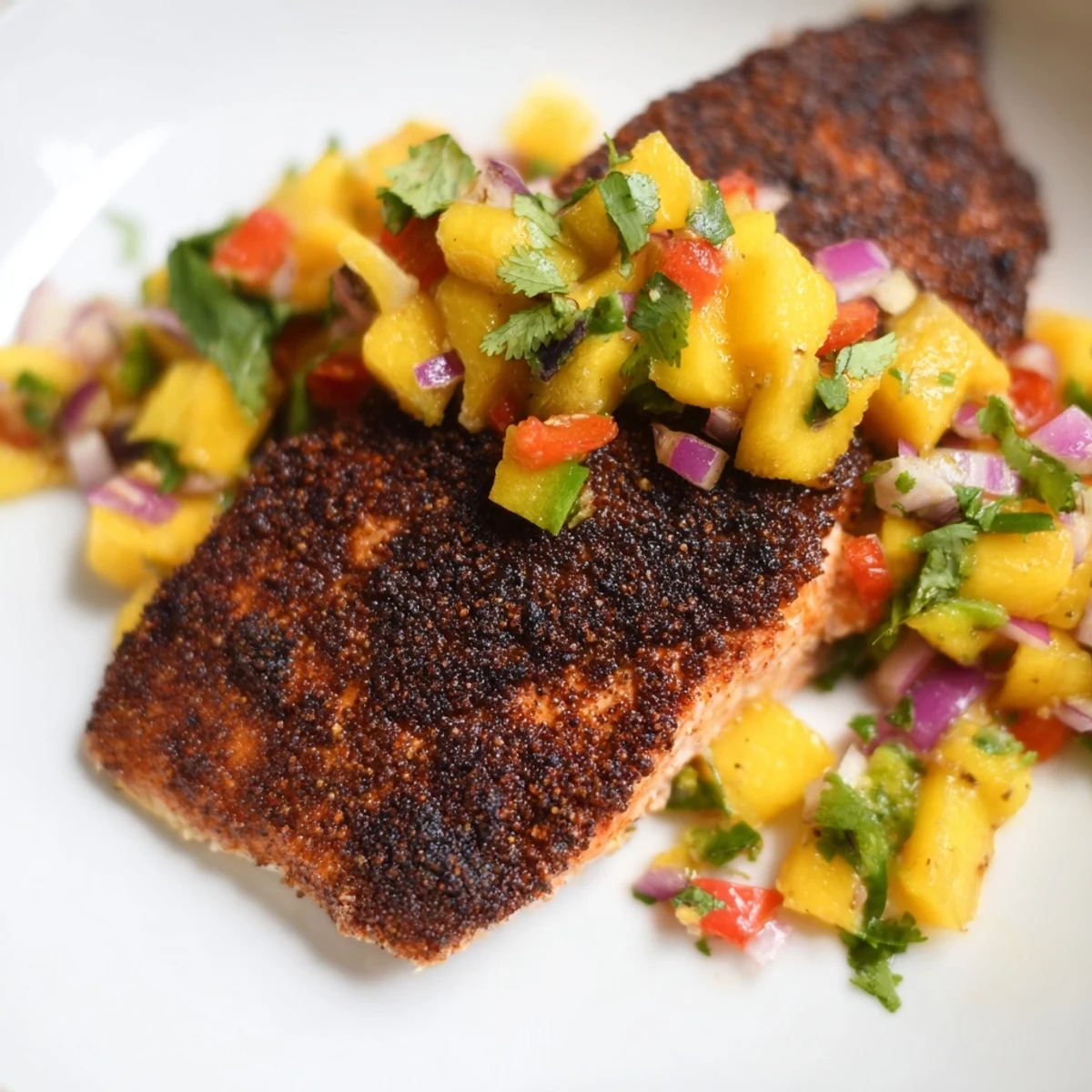Sizzling Cajun blackened salmon fillets with a crispy crust, topped with vibrant mango salsa on a white plate.