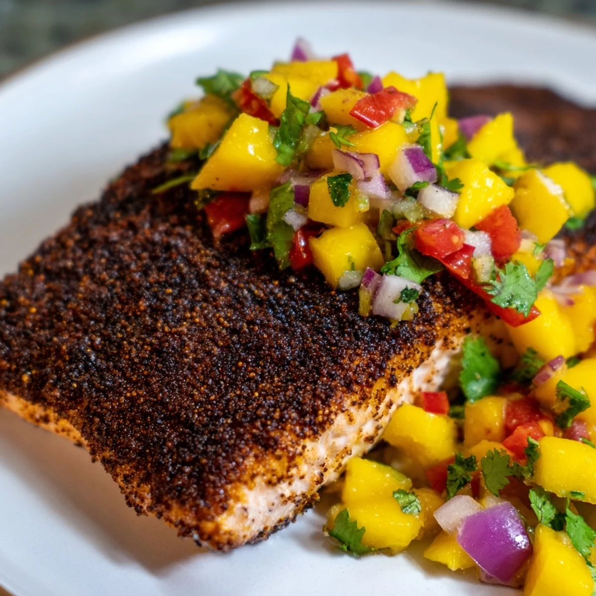 Cajun blackened salmon hot from the skillet, garnished with fresh mango salsa, red onion, and cilantro.