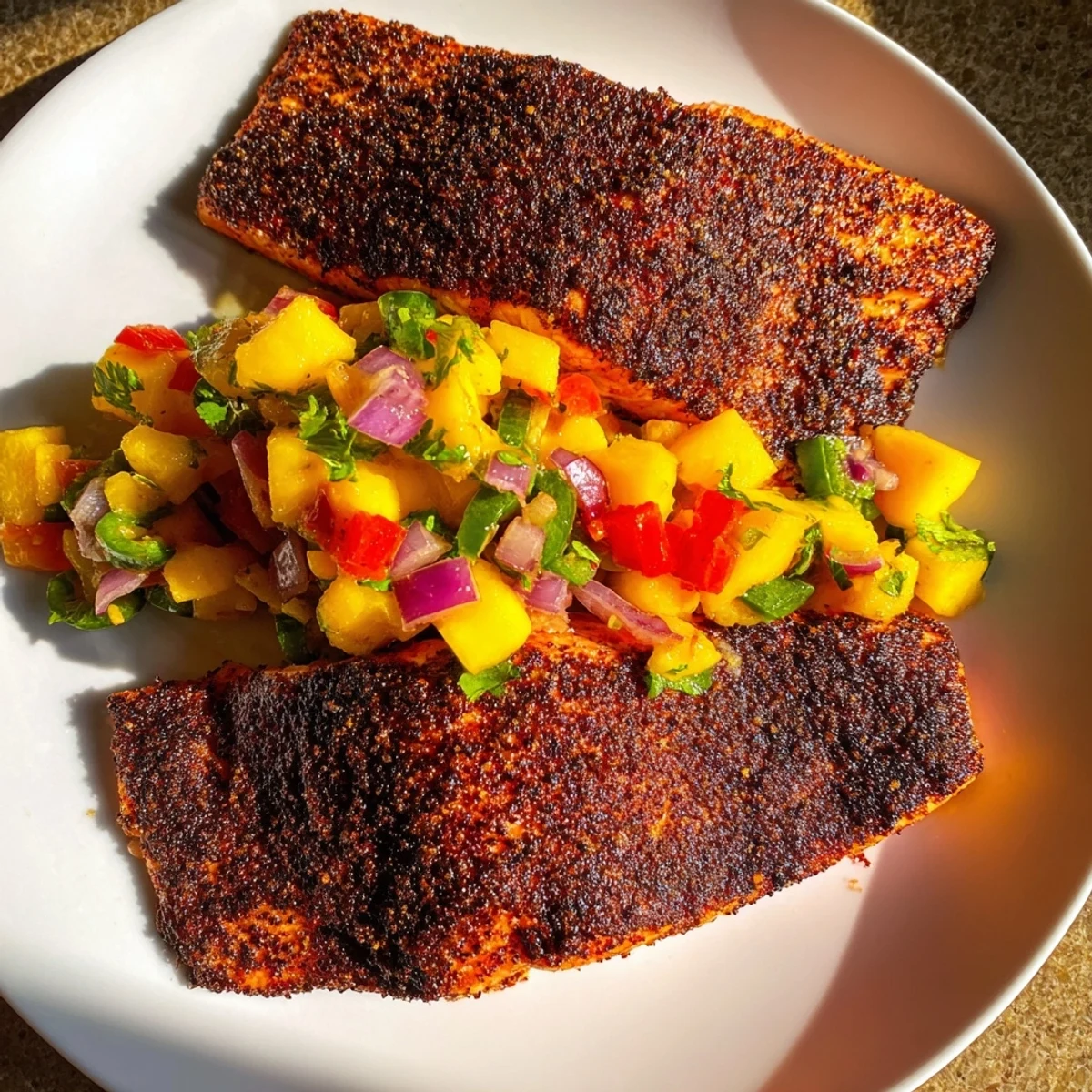 Close-up of Cajun blackened salmon, its spice-crusted surface contrasted by sweet mango salsa with jalapeños.