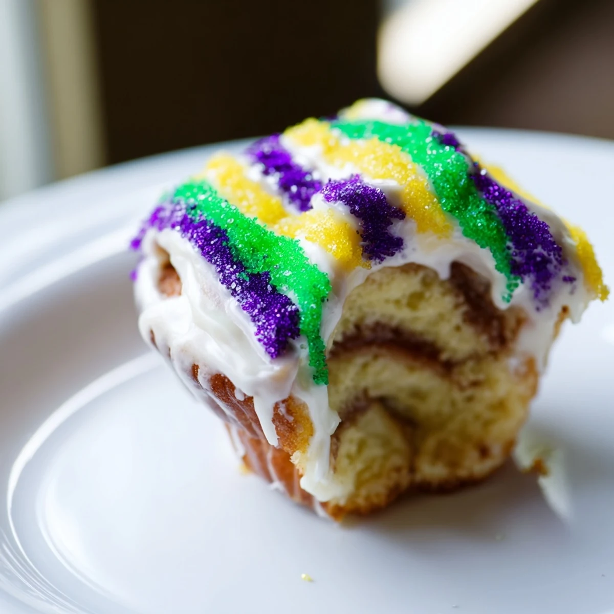 Warm cinnamon-swirled Mardi Gras King Cake Cupcakes topped with creamy vanilla icing and festive colored sugars.