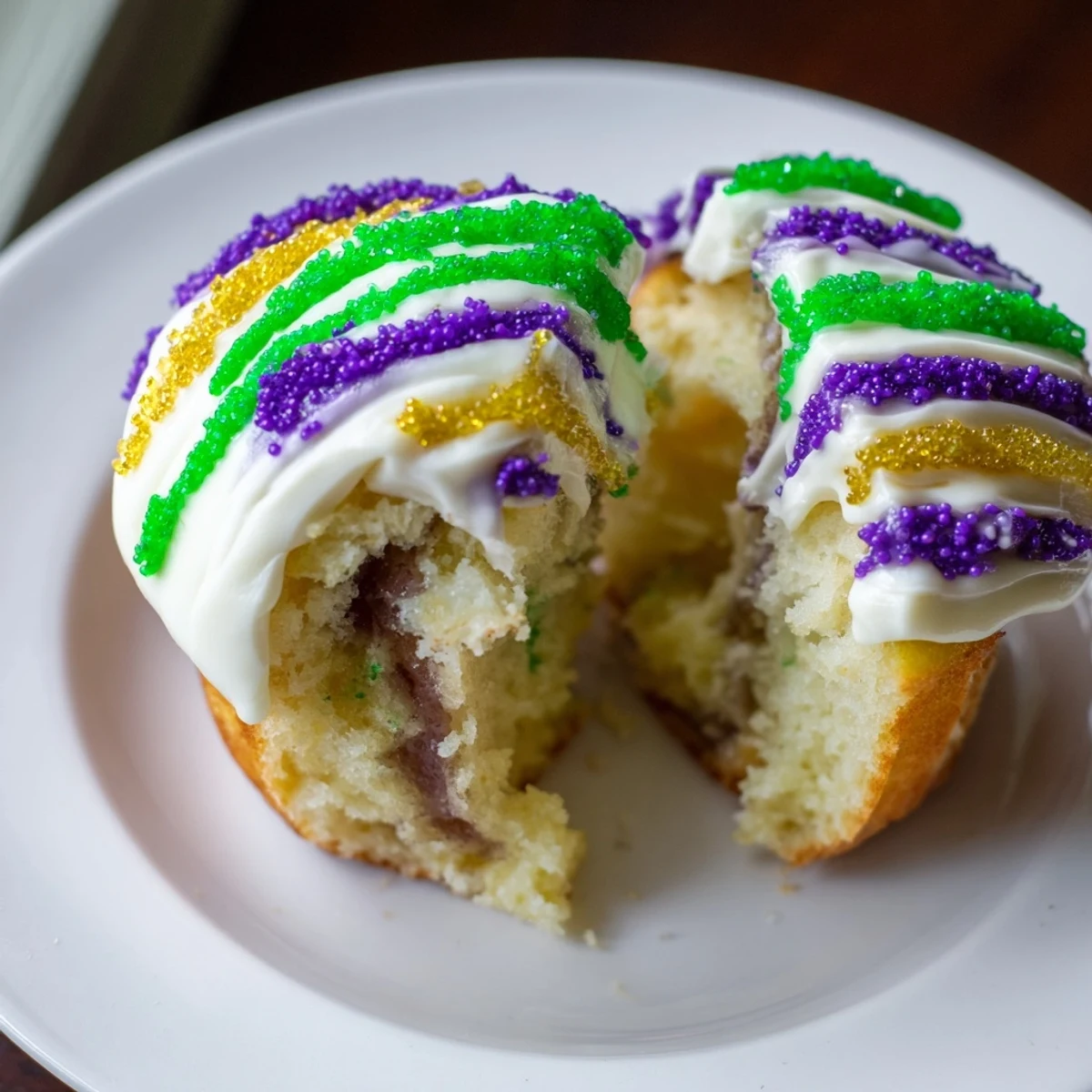 Festive New Orleans-style Mardi Gras King Cake Cupcakes with colorful sugar sprinkles ready for a party platter.