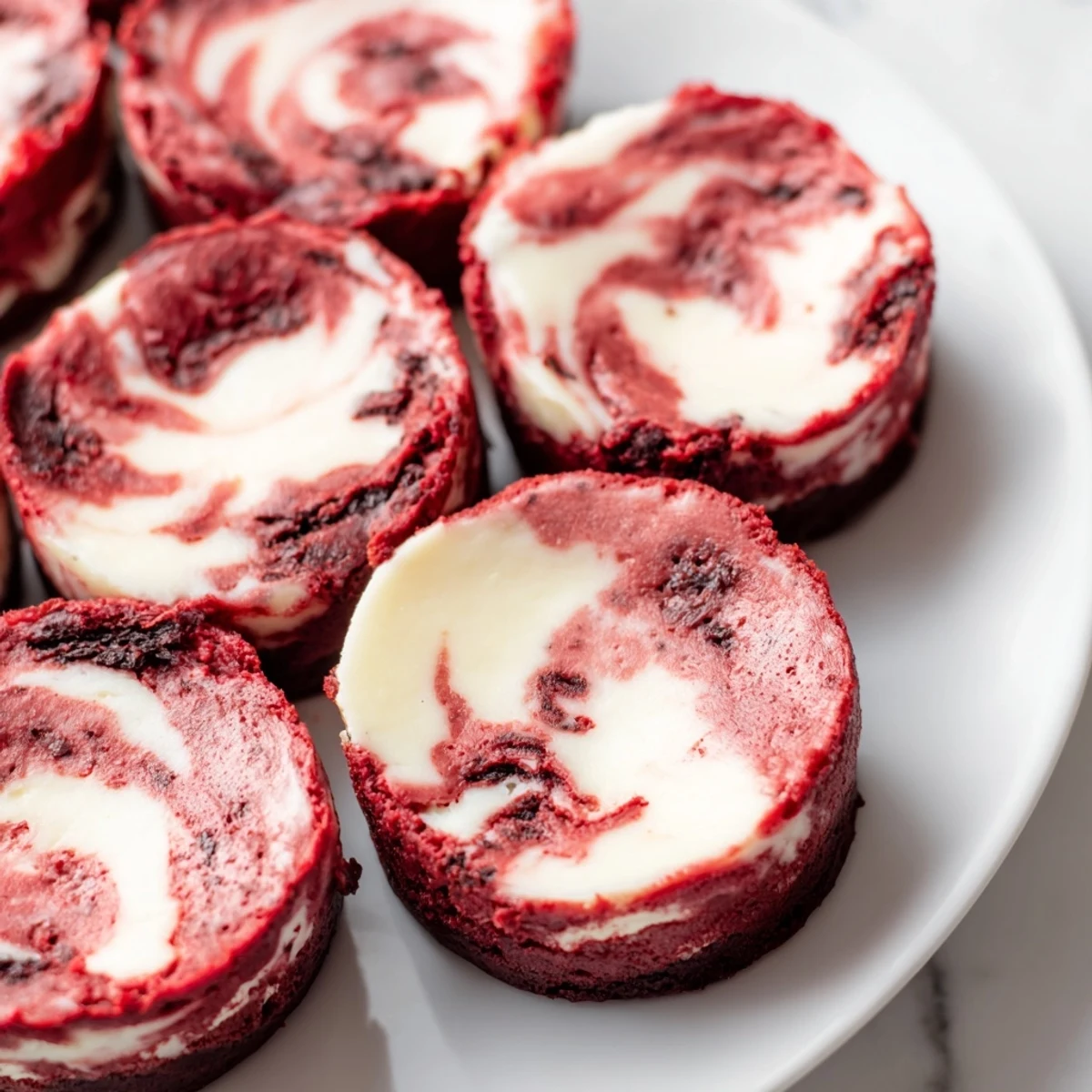 Red Velvet Cheesecake Brownie Bites with a creamy, marbled swirl on a white plate.