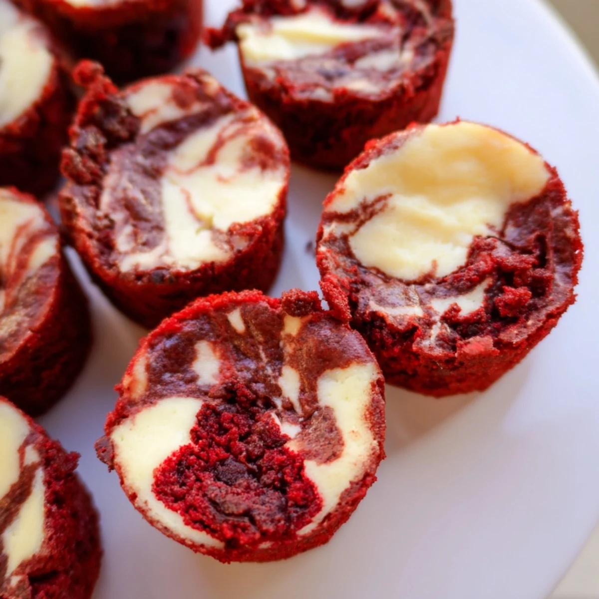 Two bite-sized Red Velvet Cheesecake Brownie Bites reveal their rich, fudgy chocolate centers.