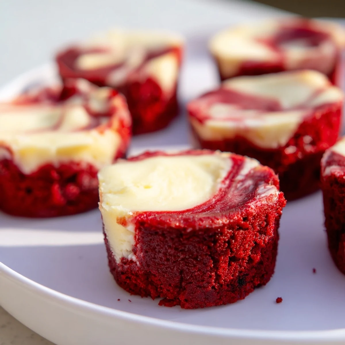 Close-up of Red Velvet Cheesecake Brownie Bites topped with festive red sanding sugar.
