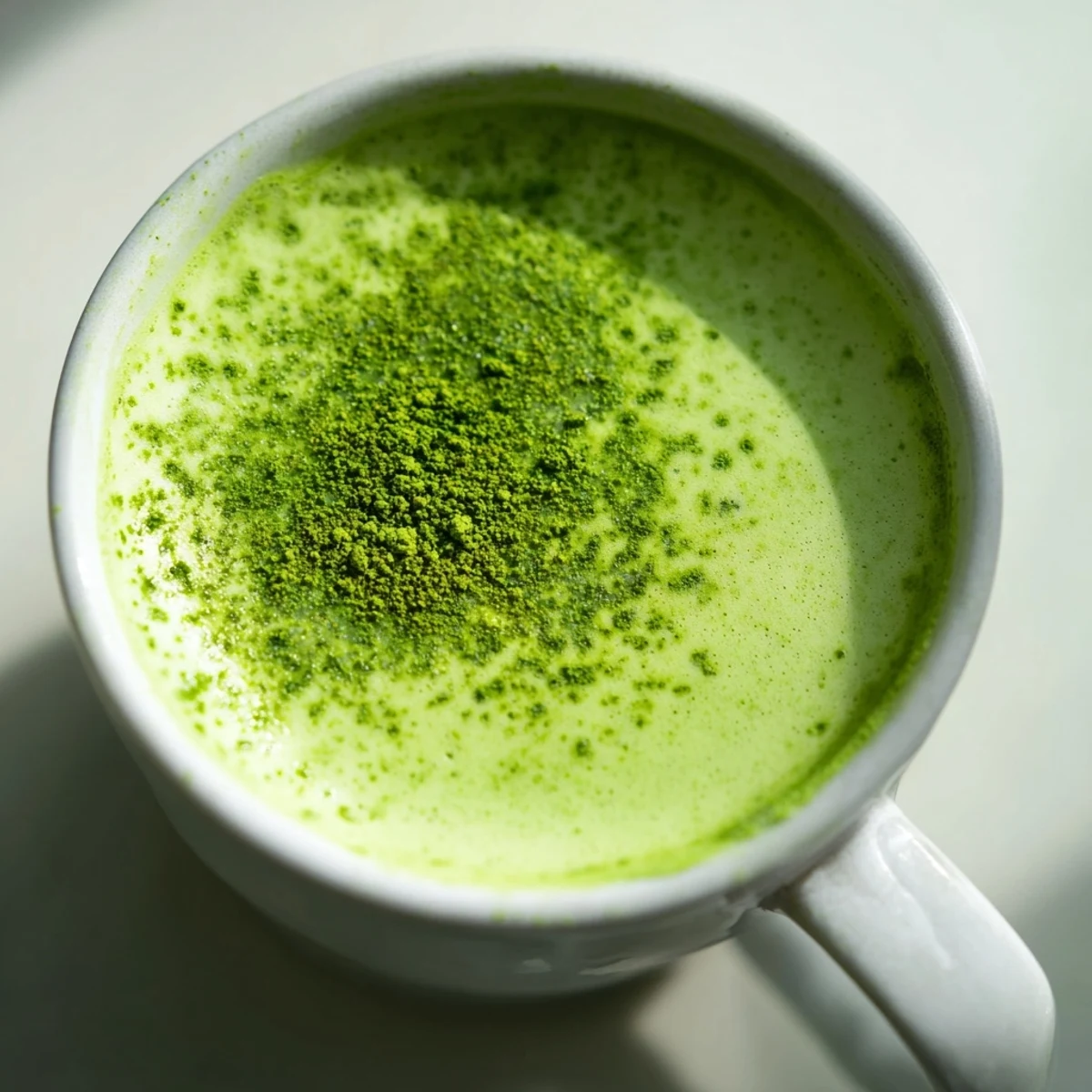 A frothy Shamrock Green Matcha Latte with Honey beside a honey dipper and vibrant matcha powder on a rustic table.