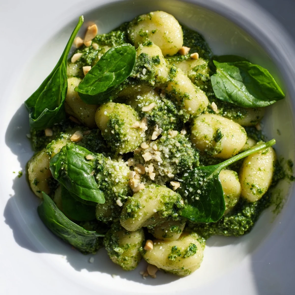 Green Pesto Gnocchi with Spinach is plated, featuring pillowy gnocchi coated in vibrant green pesto and wilted spinach leaves, ready to eat.