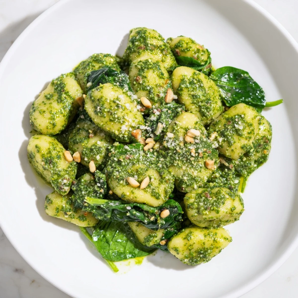 A close-up view of Green Pesto Gnocchi with Spinach shows fresh basil sauce and sautéed spinach generously coating tender potato dumplings.