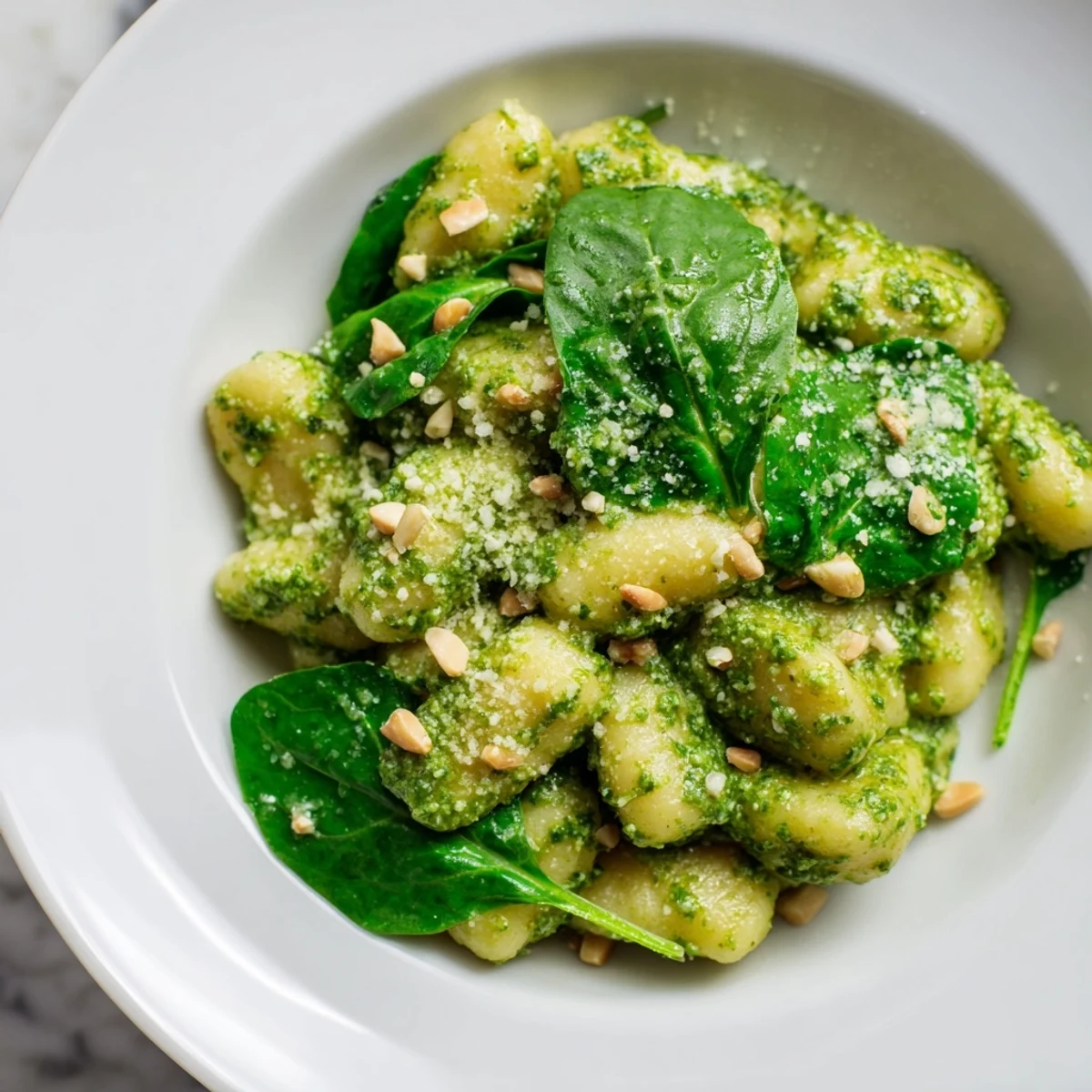 Serving suggestion for Green Pesto Gnocchi with Spinach in a white bowl, garnished with parmesan and pepper, ideal for a vegetarian dinner.