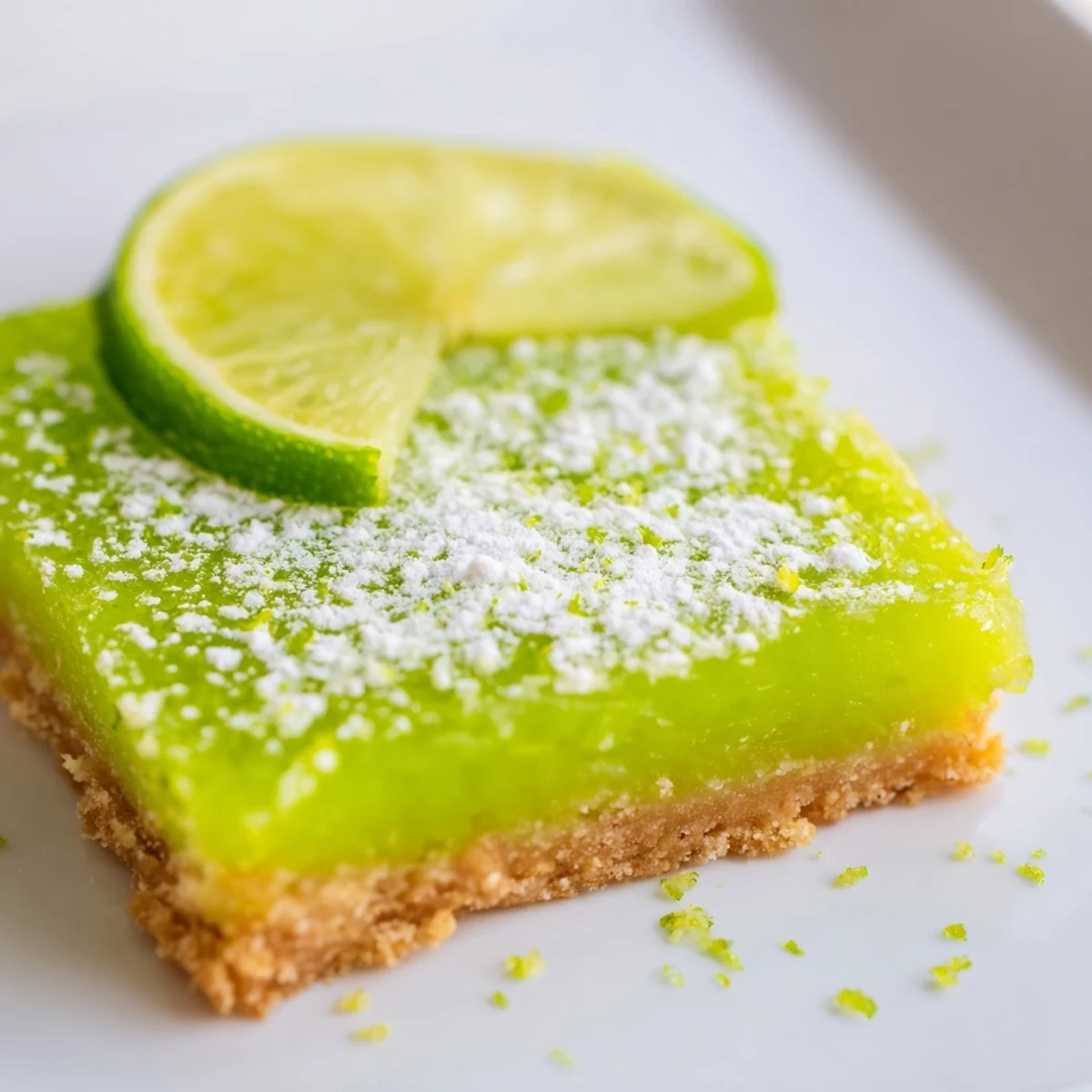 Freshly baked St. Patricks Day Lime Bars with a golden graham cracker crust in a square pan, ready to be cut.