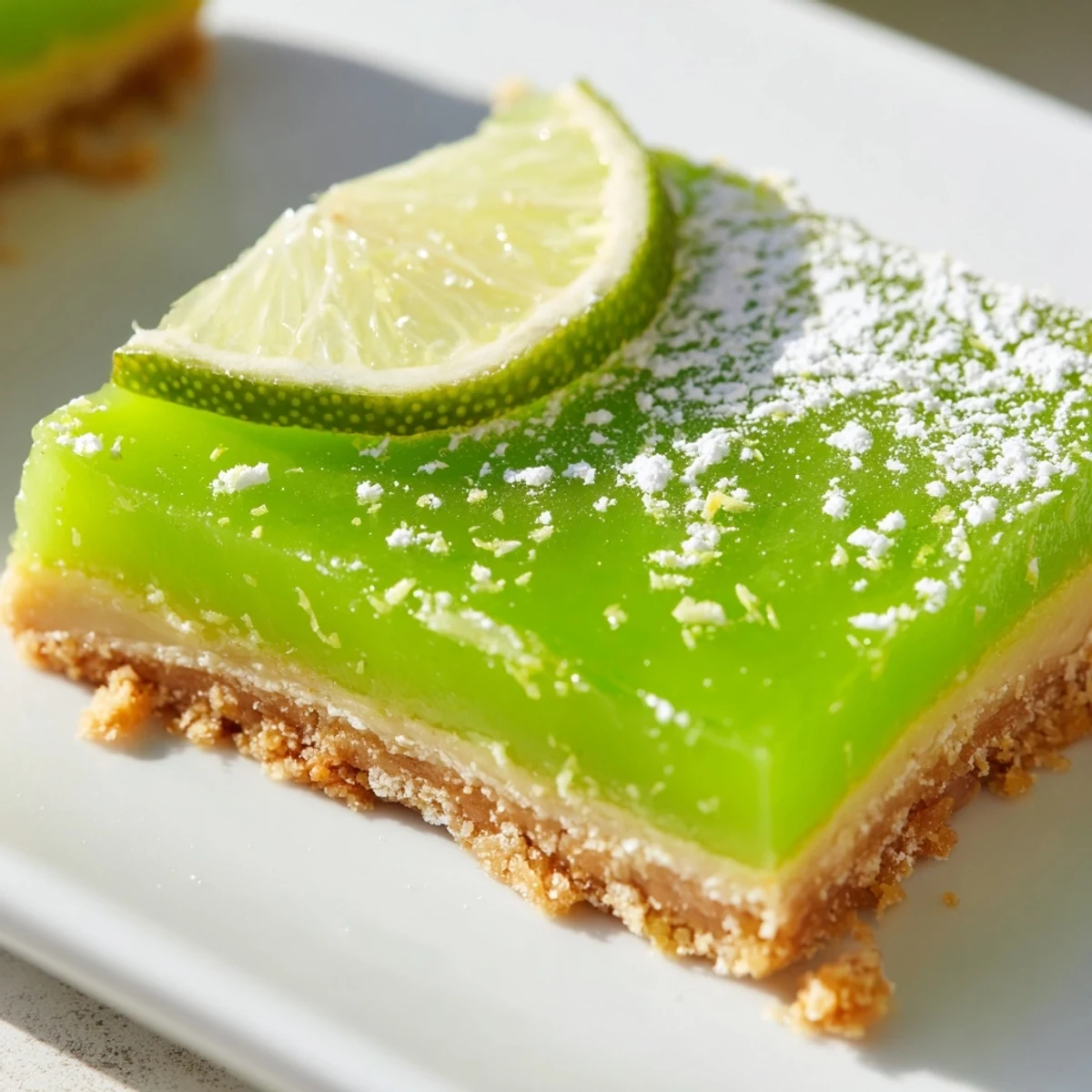 Vibrant green St. Patricks Day Lime Bars, dusted with powdered sugar and garnished with fresh lime slices on a marble board.