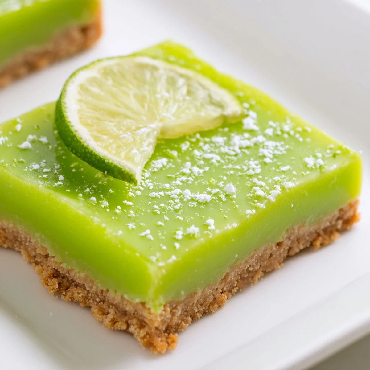 Chilled squares of St. Patricks Day Lime Bars showcasing a creamy lime filling, stacked and ready to serve for a festive treat.