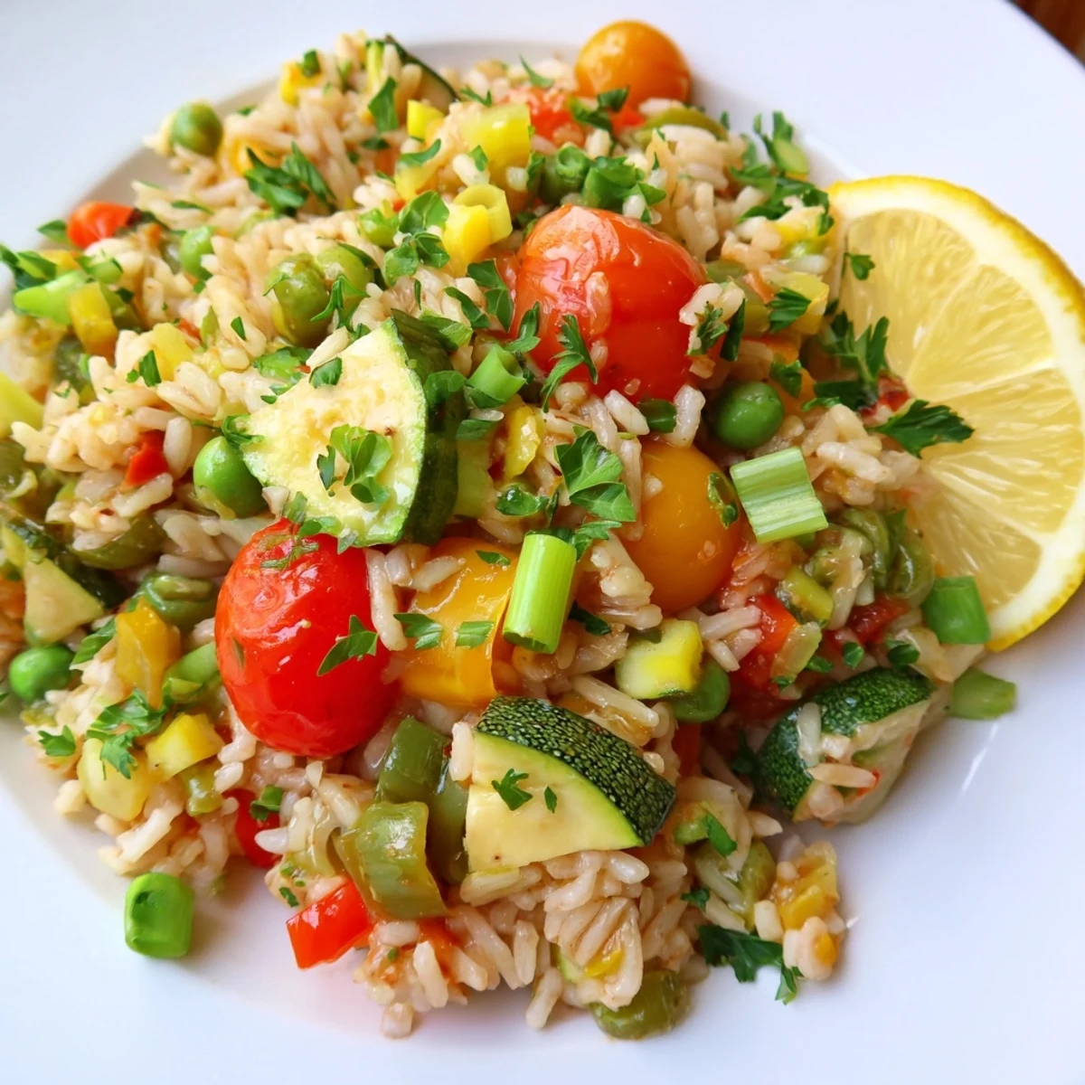 Steaming bowl of Mardi Gras Vegetable Jambalaya with colorful bell peppers, zucchini, and green onions. Fresh parsley garnish.