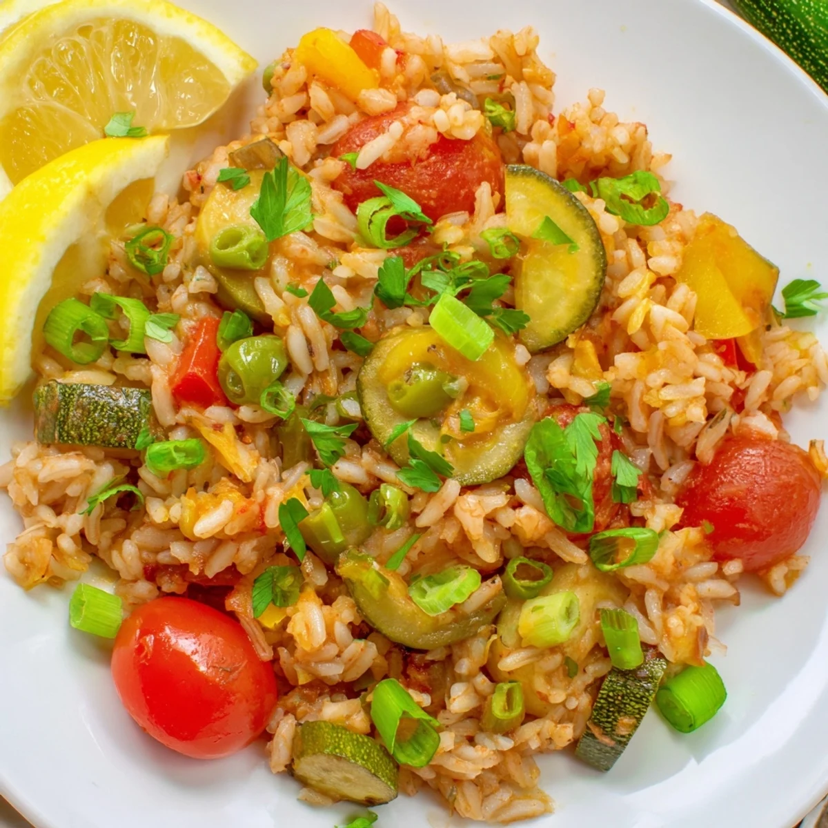 Vibrant Mardi Gras Vegetable Jambalaya served in a skillet, topped with lemon wedges for a bright finish.