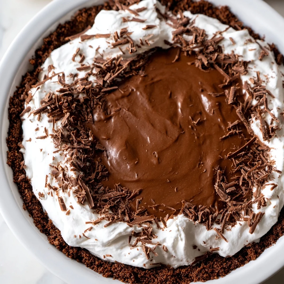 Creamy chocolate silk pie with a cookie crust and whipped cream topping in a white pie dish.
