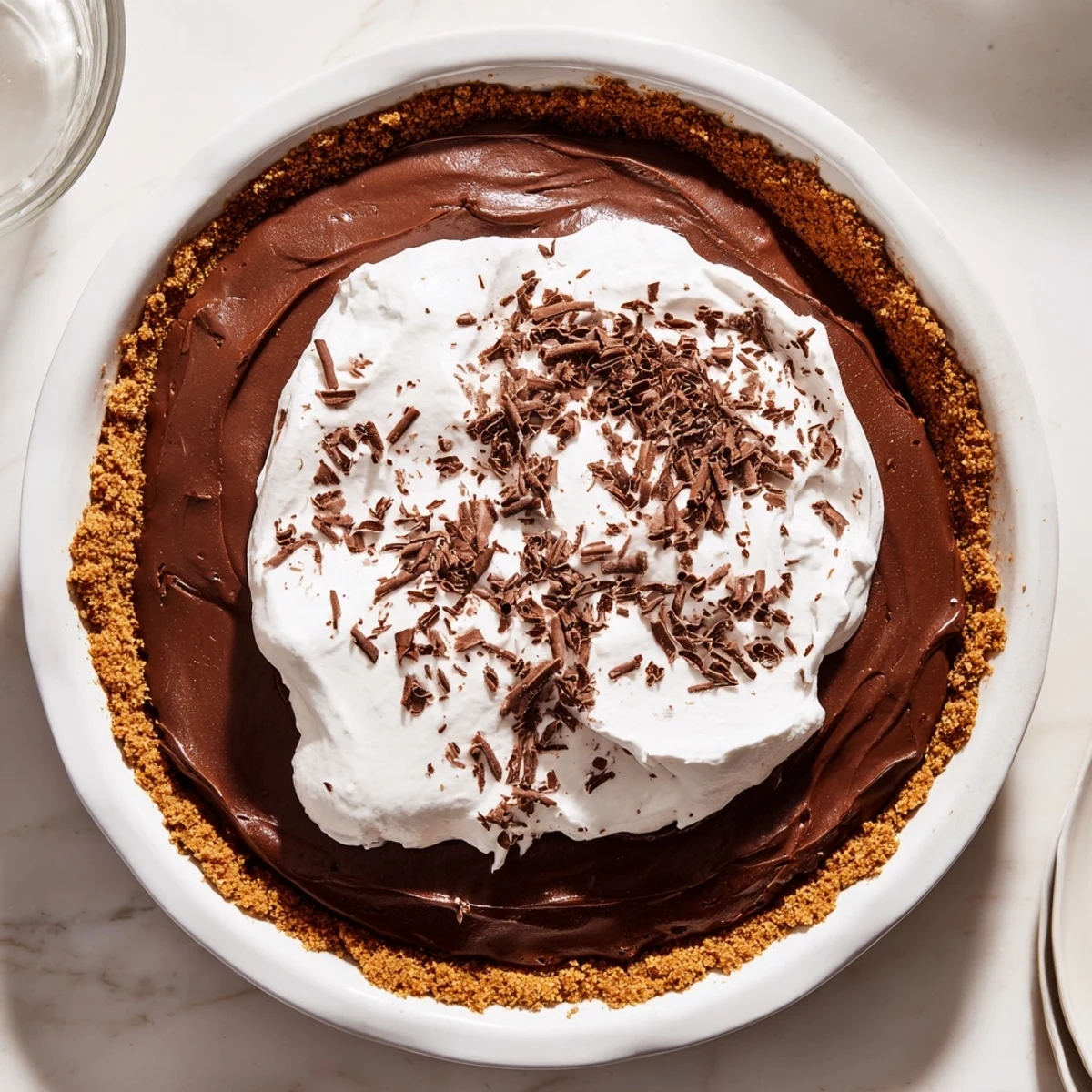 Decadent chocolate silk pie with cookie crust and fluffy whipped cream, served on a dessert plate.