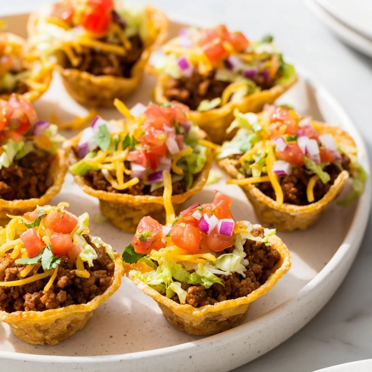 Golden-brown Big Game Mini Tacos with Salsa arranged on a platter, garnished with fresh cilantro and lime wedges.