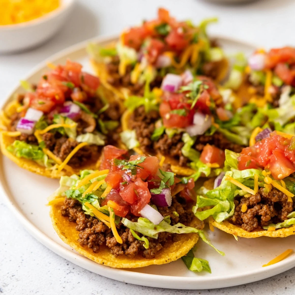 A hand spoons savory seasoned beef into mini corn tortillas topped with shredded lettuce and cheddar cheese.