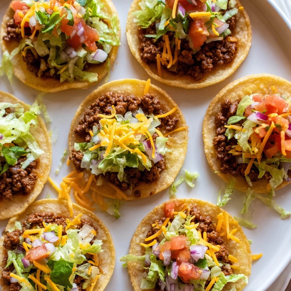 Platter of Big Game Mini Tacos with Salsa served with avocado slices and sour cream for game day.