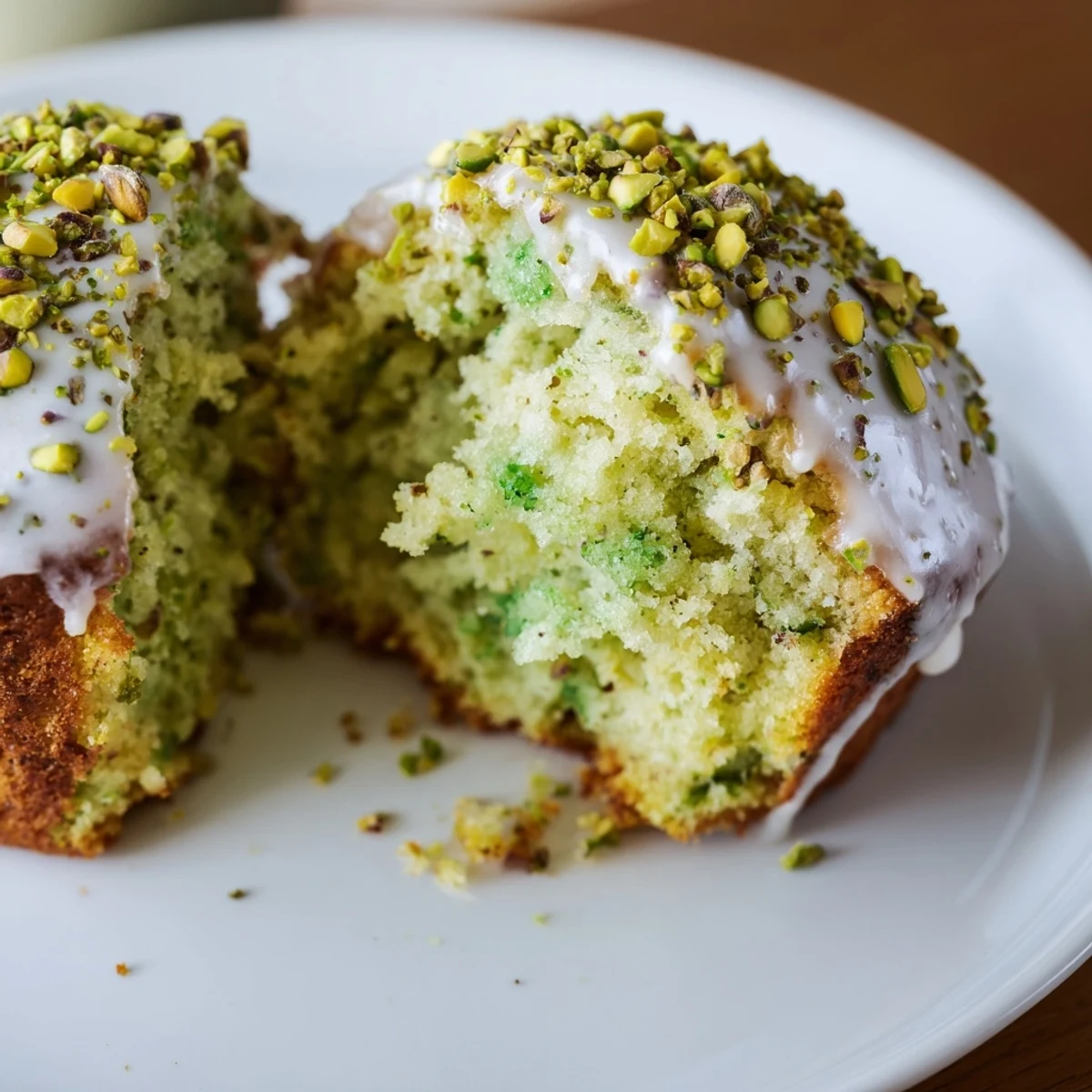 A batch of moist Green Pistachio Muffins with Glaze sits on a wooden board, garnished with chopped nuts.