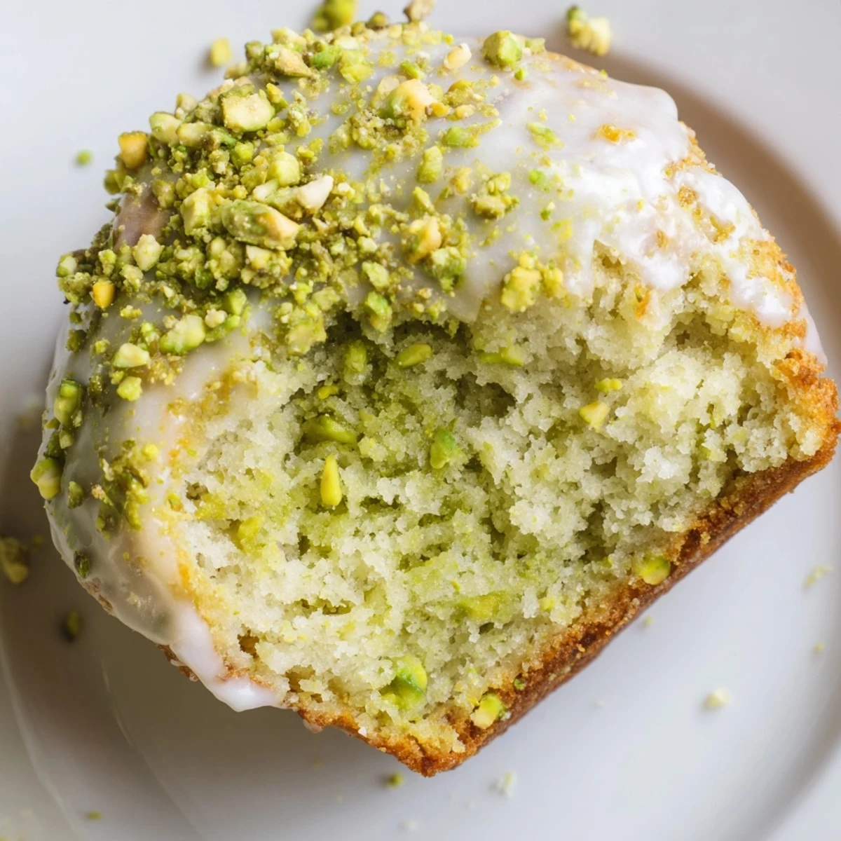 Stacked Green Pistachio Muffins with Glaze showcase a fluffy crumb and vibrant green color, ready for an afternoon snack.
