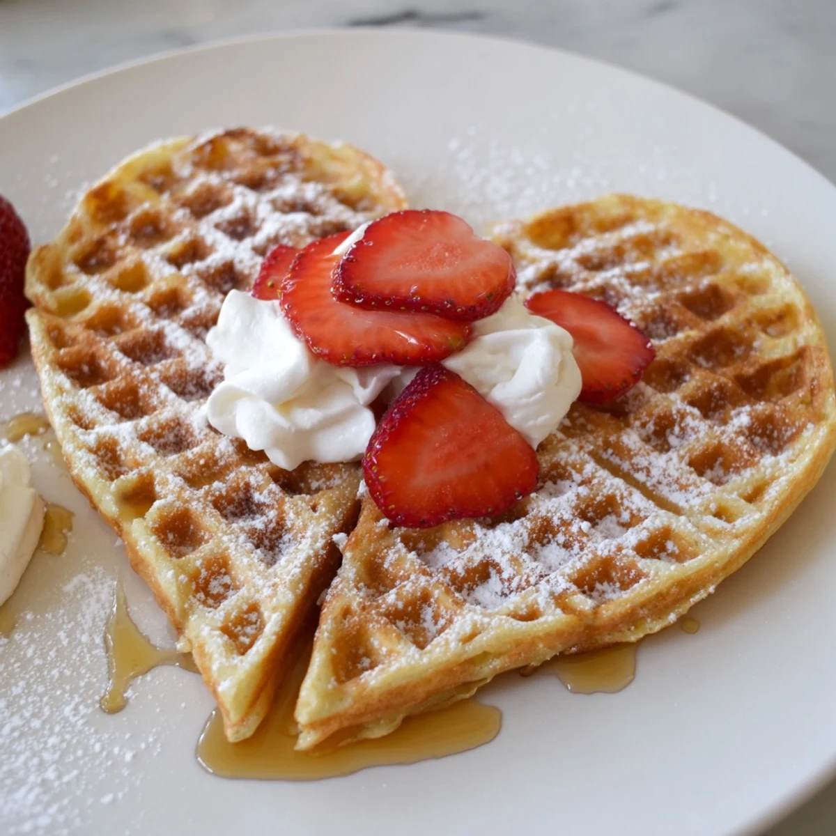 Freshly cooked Sweetheart Heart Shaped Waffles steam on a plate, topped with sliced strawberries and a dollop of whipped cream.