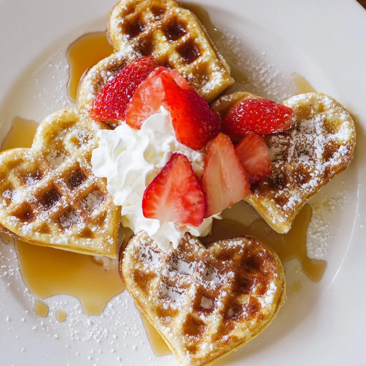 A close-up of golden-brown Sweetheart Heart Shaped Waffles drizzled with maple syrup, perfect for a romantic breakfast in bed.