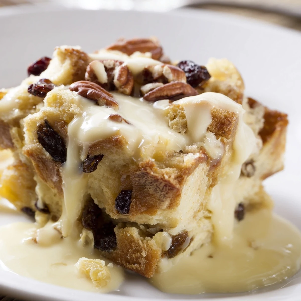 Golden brown New Orleans Bread Pudding with Vanilla Sauce, served warm in a rustic bowl.