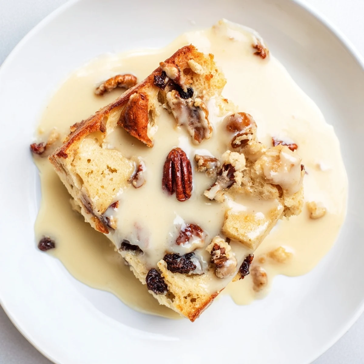 A slice of New Orleans Bread Pudding with Vanilla Sauce topped with toasted pecans.