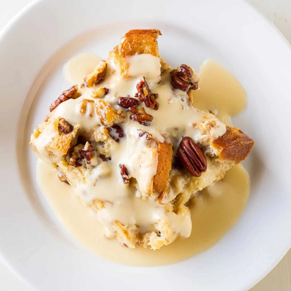 Decadent New Orleans Bread Pudding with Vanilla Sauce drizzled generously over custardy bread cubes.
