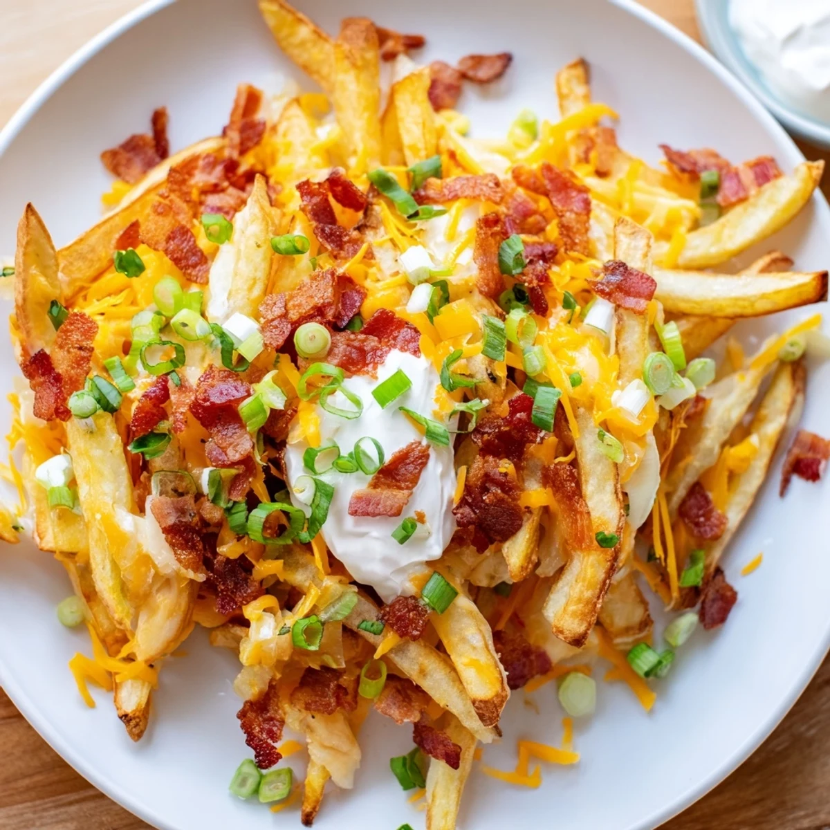 Golden brown Super Bowl Cheese Fries with turkey bacon and melted cheddar, served on a platter for sharing.