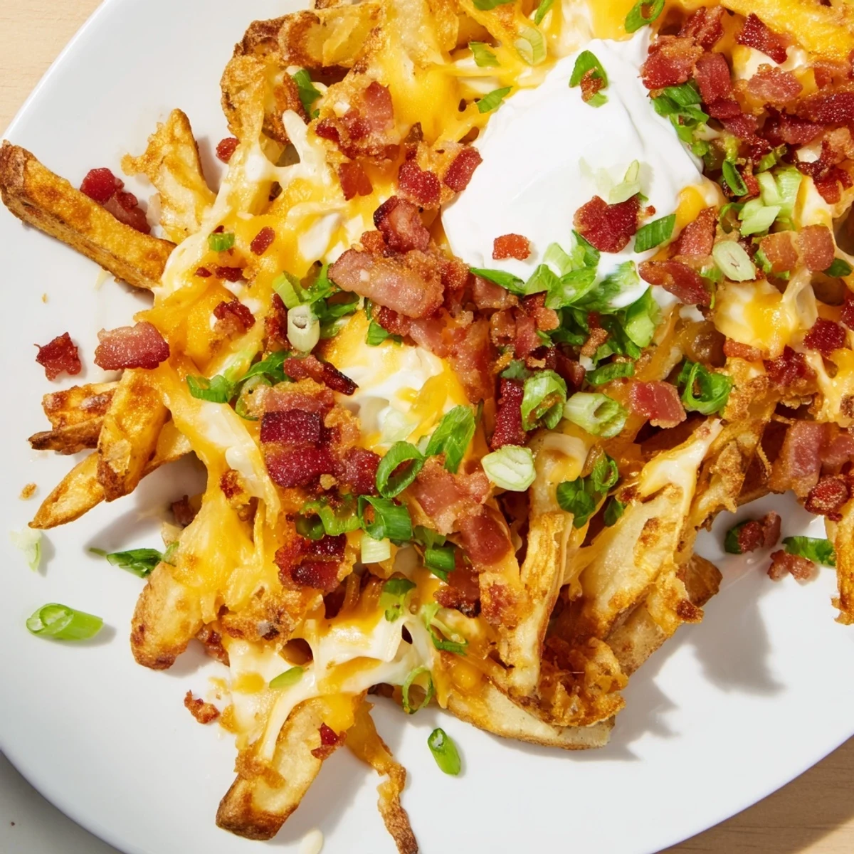 A close-up of loaded Super Bowl Cheese Fries, garnished with green onions and a side of sour cream.