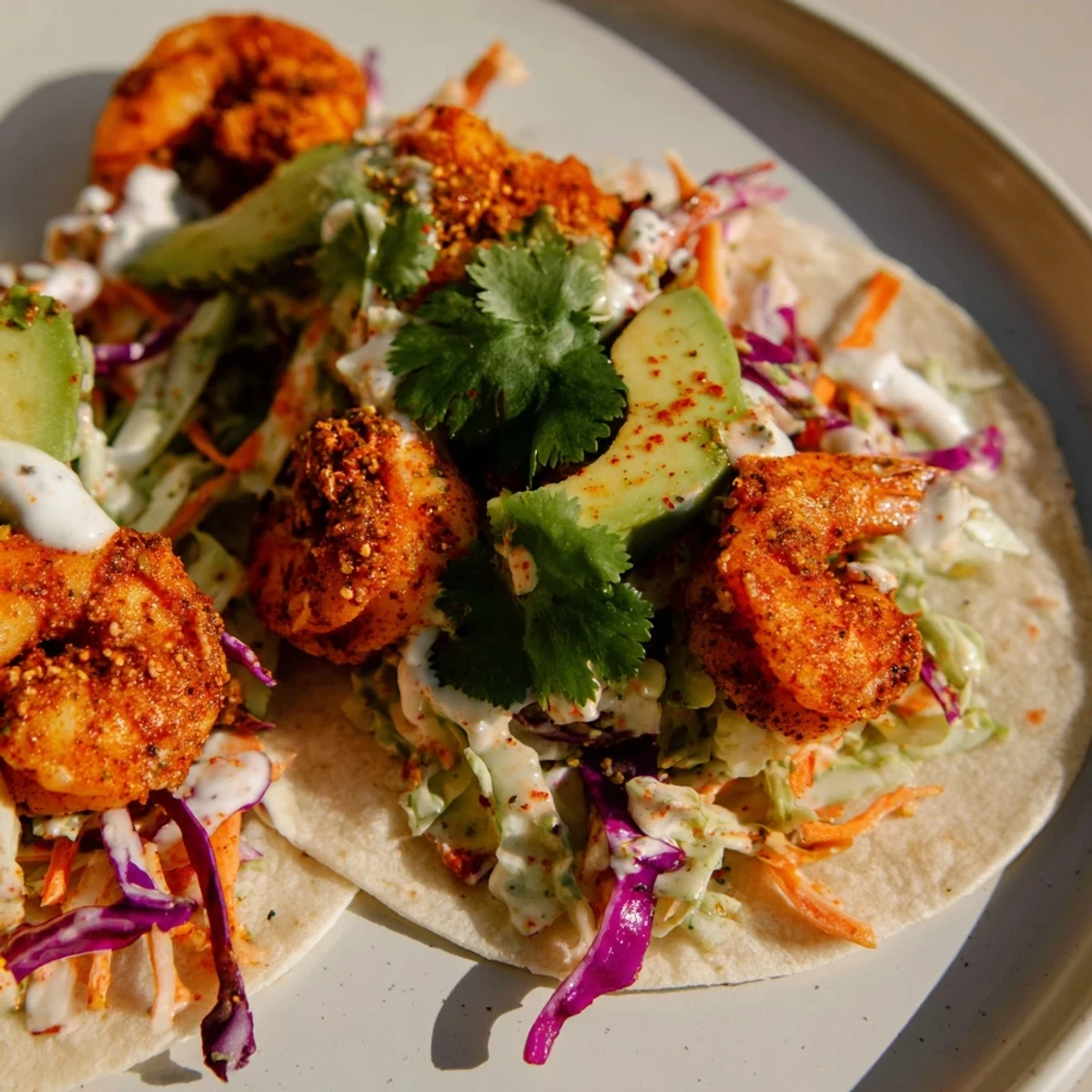 These Cajun Shrimp Tacos with Slaw are garnished with lime wedges, perfect for a zesty weeknight dinner.