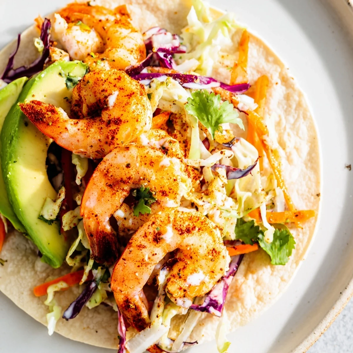 Close-up of Cajun Shrimp Tacos with Slaw, showcasing avocado slices and fresh cilantro on a rustic wooden platter.