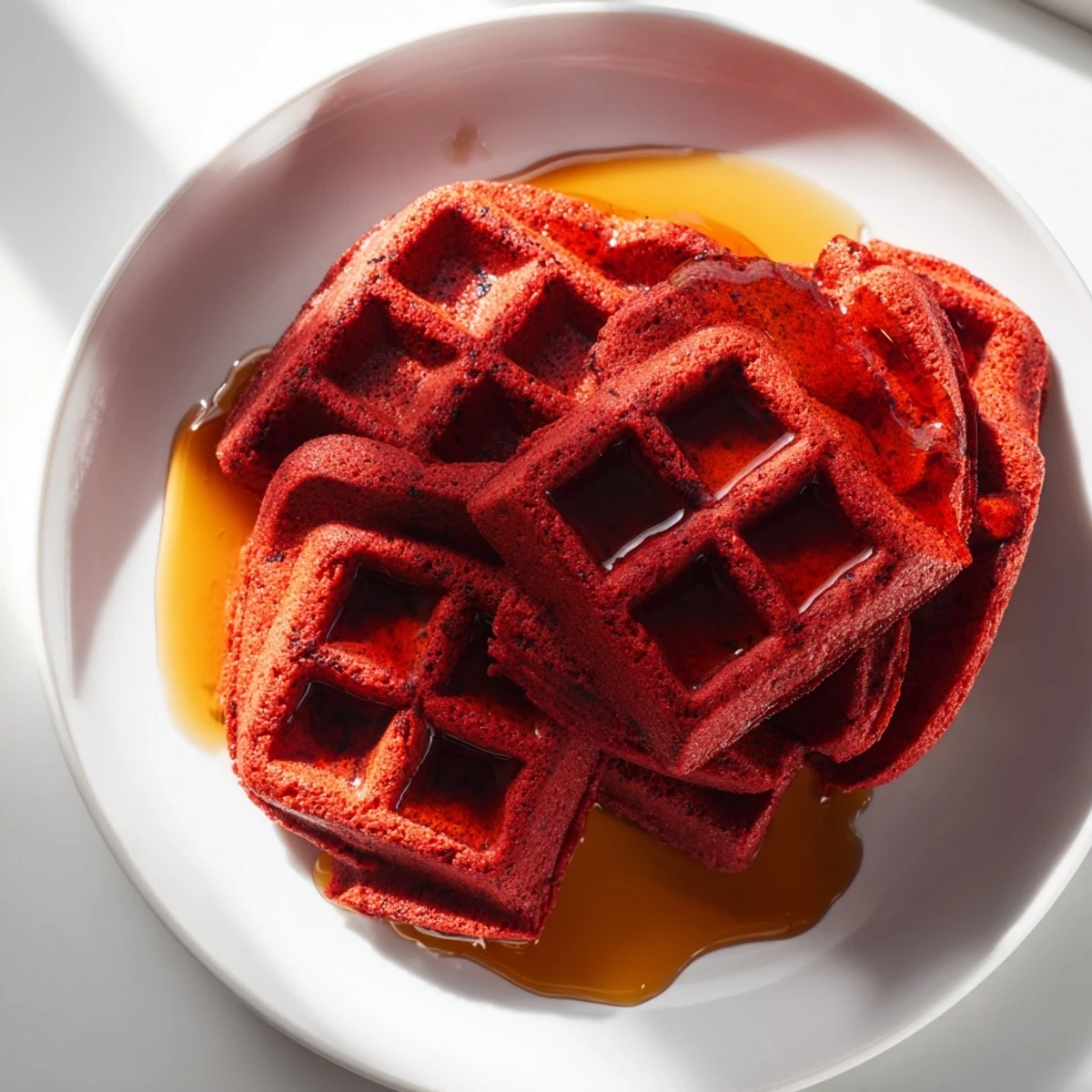Crisp, fluffy Red Velvet Waffles with maple syrup on a plate for a special breakfast.