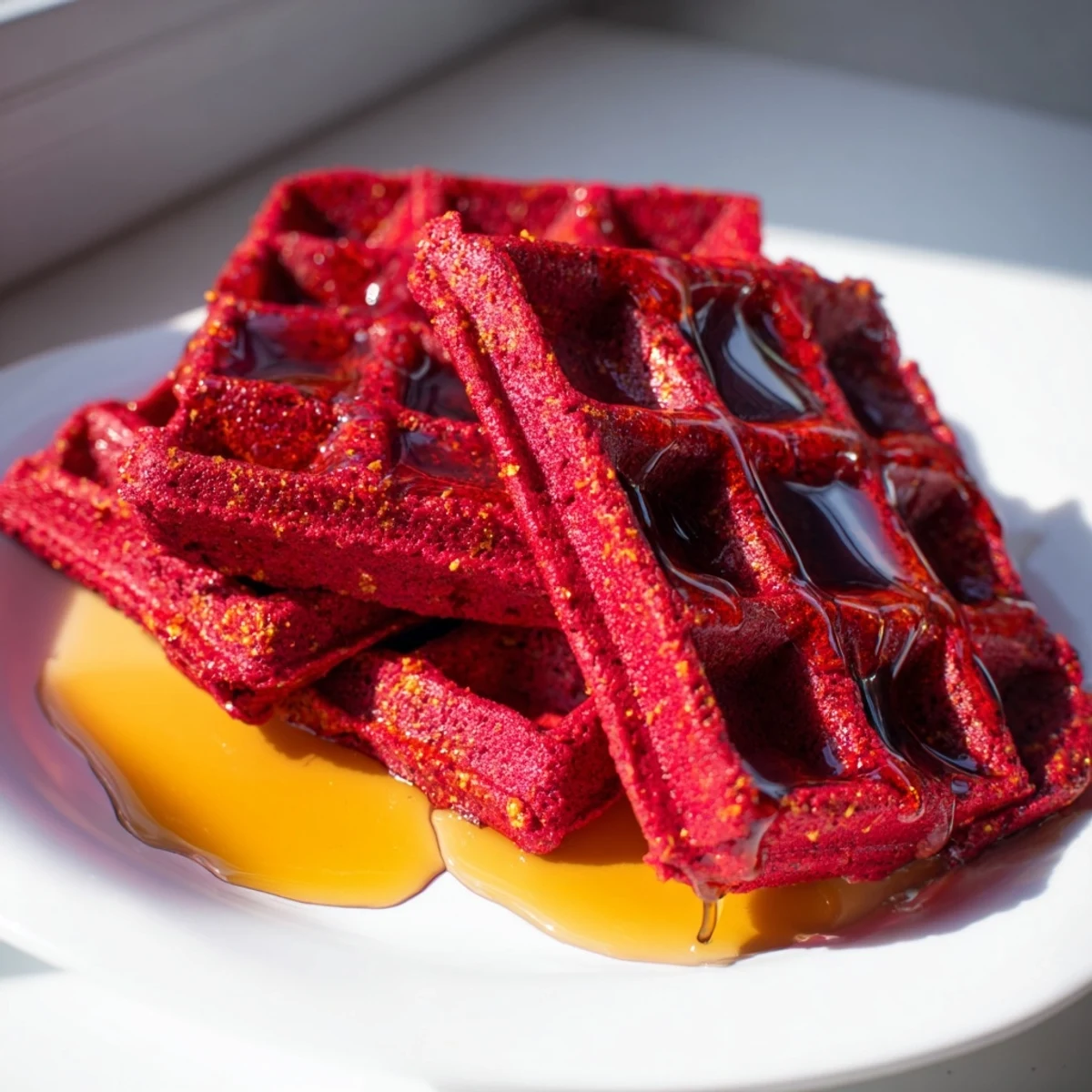 Vibrant red waffle topped with maple syrup and whipped cream for a sweet treat.