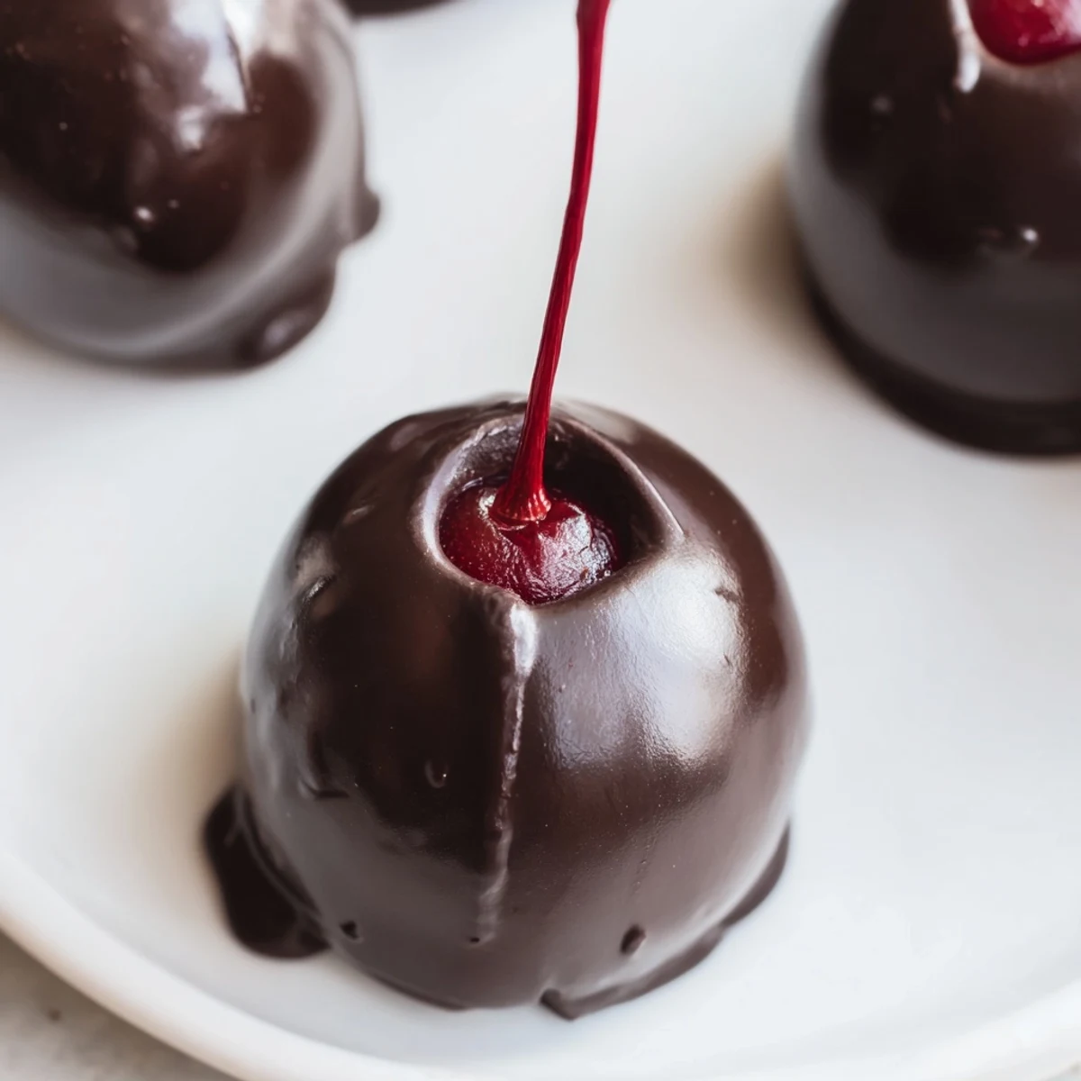 A single Chocolate Covered Cherry with Fondant Center on a parchment-lined tray, chocolate shell glossy and topped with a maraschino cherry stem.
