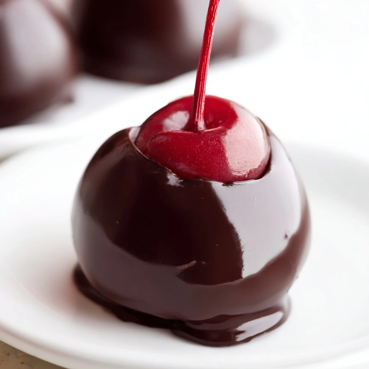Close-up of Chocolate Covered Cherries with Fondant Center, creamy white fondant wrapped around the fruit before the rich dark chocolate coating hardens.