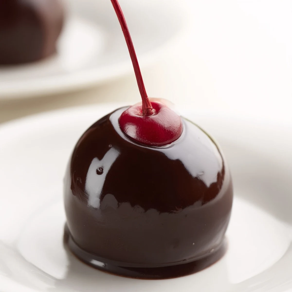 A plate of Chocolate Covered Cherries with Fondant Center, served as an American confection with stems upright, ideal for holiday gift boxes.