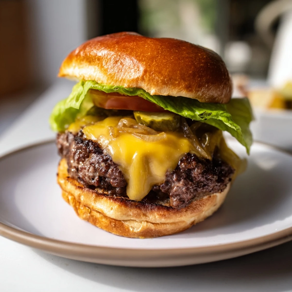 Golden-brown Classic Beef Burgers with Caramelized Onions melting on a toasted bun with fresh toppings.
