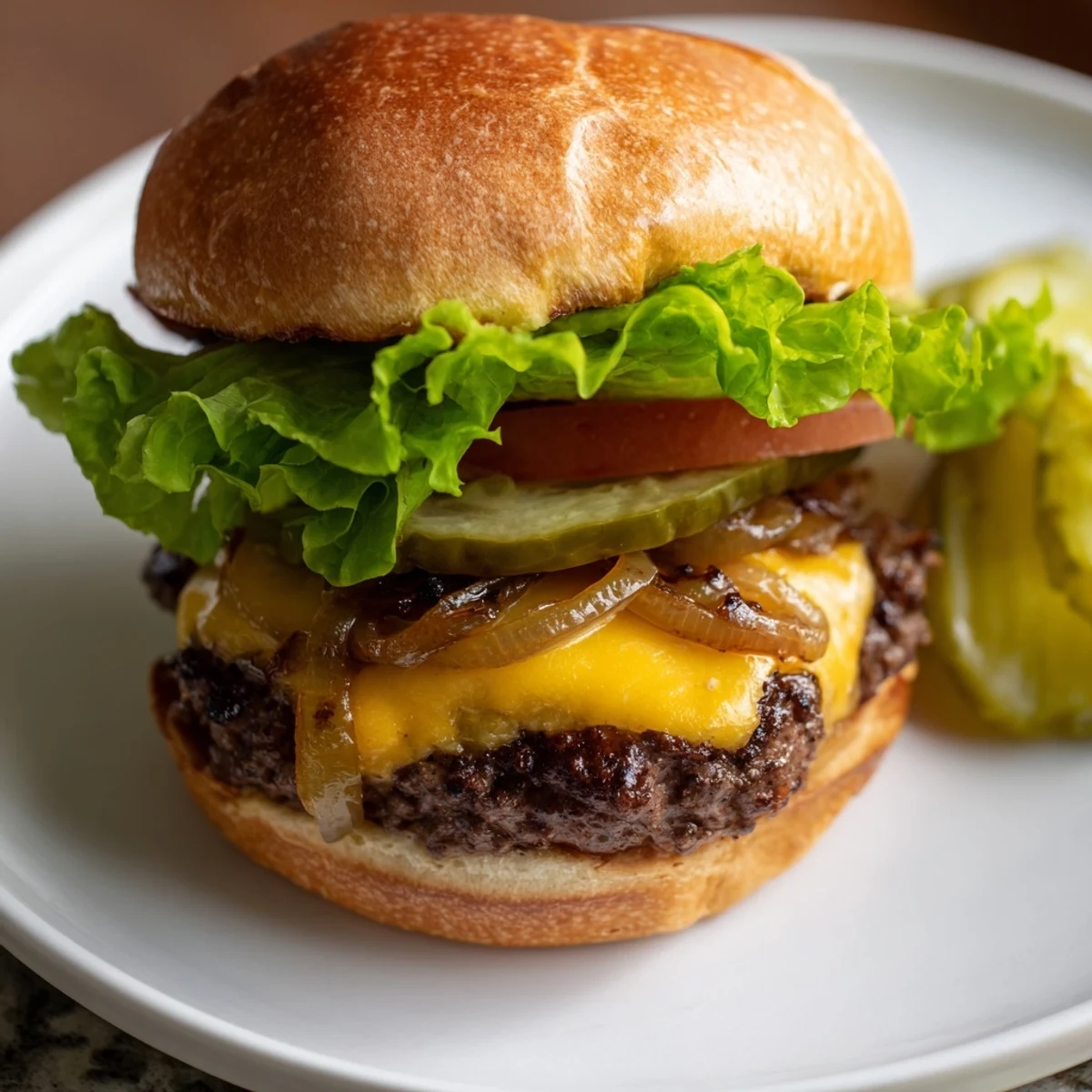 A close look at Classic Beef Burgers with Caramelized Onions, cheese melting over juicy patties on a plate.