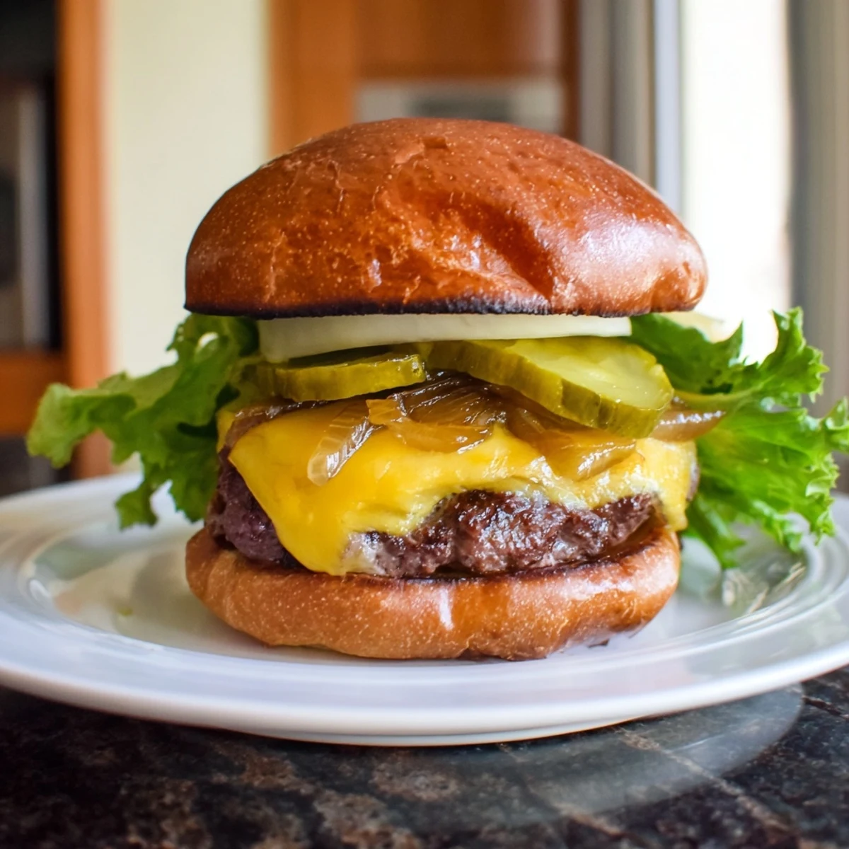 Toasted buns holding Classic Beef Burgers with Caramelized Onions, stacked high with crisp lettuce and tomato.